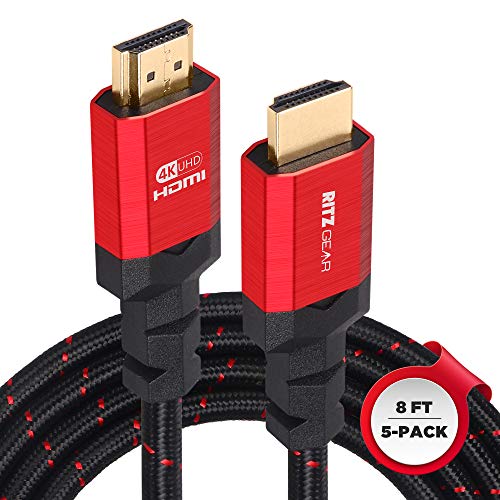 Ritz Gear 4K HDMI Cables | 5-Pack of 8 Ft. High-Speed 18Gbps HDMI 2.0 Connectors | Durable Braided Nylon, Gold Plating, 4K @ 60Hz Ultra HD, 3D, 2160p, 1080p & Ethernet Support for TV, Laptop & Gaming