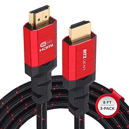Ritz Gear 4K HDMI Cables | 3-Pack of 8 Ft. High-Speed 18Gbps HDMI 2.0 Connectors | Durable Braided Nylon, Gold Plating, 4K @ 60Hz Ultra HD, 3D, 2160p, 1080p & Ethernet Support for TV, Laptop & Gaming