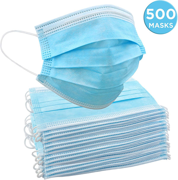 Jumbl Blue Disposable Face Masks | Protective 3-Ply Breathable Comfortable Nose/Mouth Coverings for Home & Office | Elastic Ear Loop 3-Layer Safety Shield for Adults/Kids | Pack of 500 Ships from USA